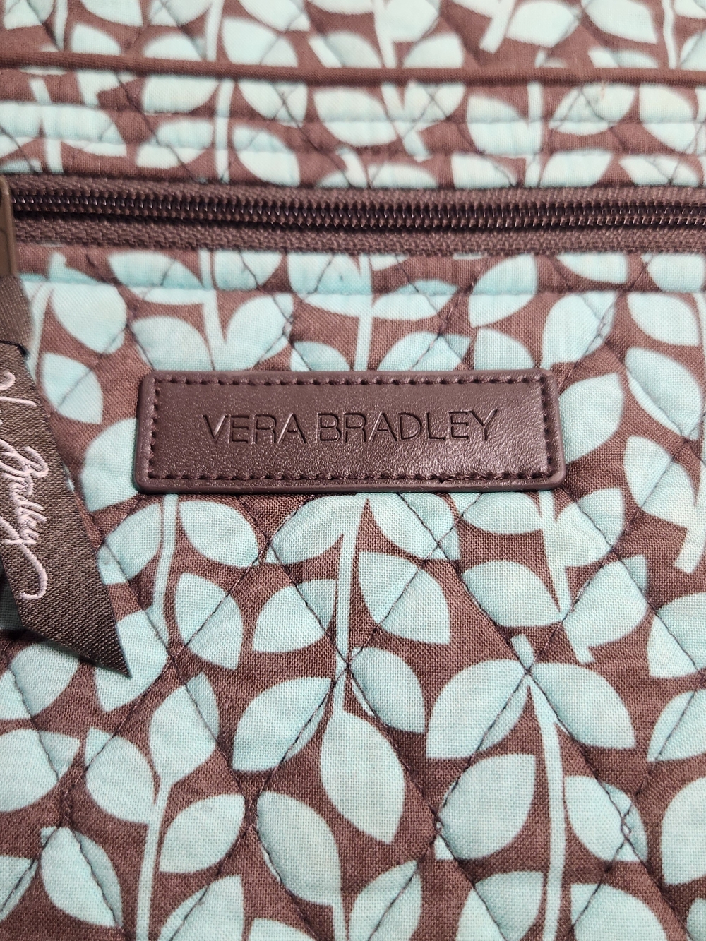 Vera Bradley Quilted Cosmetic Bag in Brown and Aqua Leaf Print